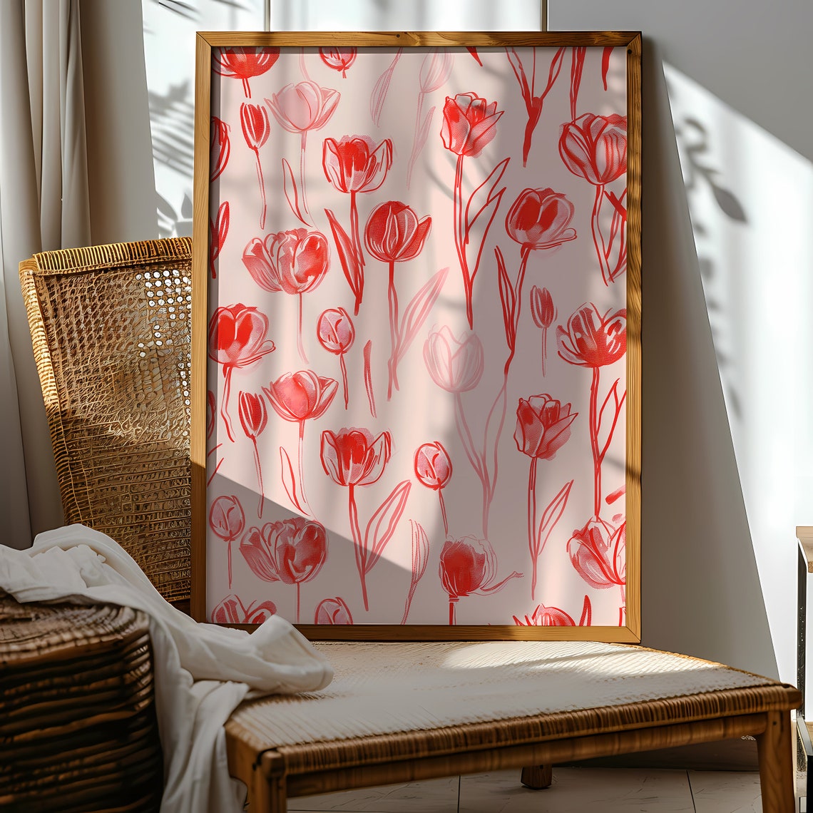 Red Tulips Pattern Pink Botanical Floral Pattern Wall Poster - Image 2