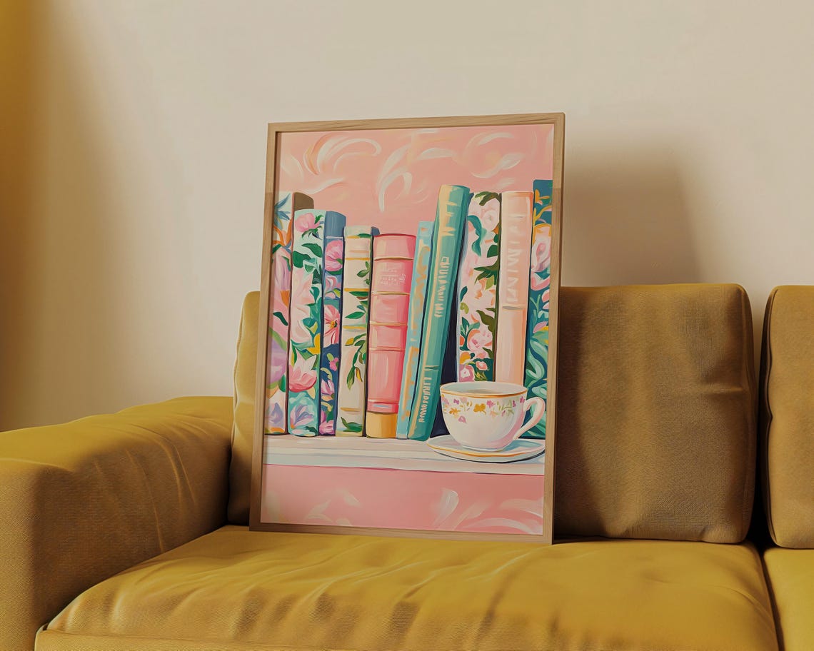 Pastel Floral Bookshelf with Teacup Pink Reading Nook Artwork Poster - Image 2