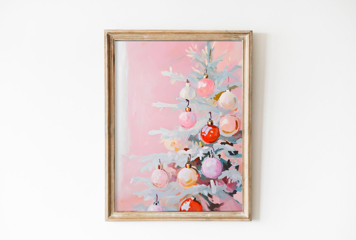 Pink Christmas Tree with Colorful Glass Ornaments Closeup Poster