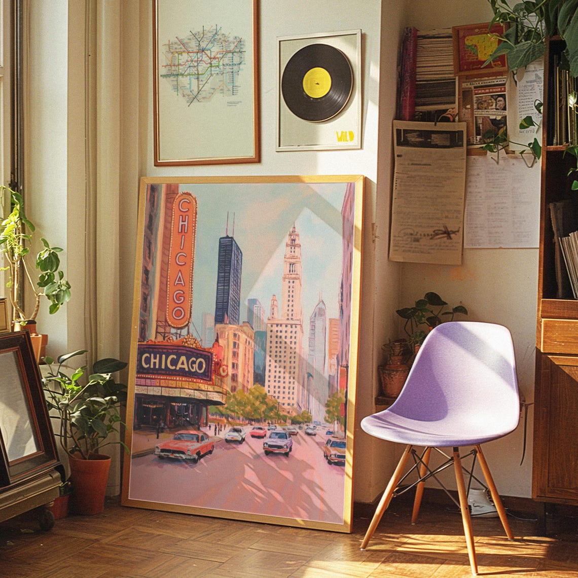 Retro Chicago Poster Soft Pink Chicago Wall Art Vintage Chicago Oil Painting Usa Travel Poster Dorm Decor Gift Soft Pink City Landscape - Image 3
