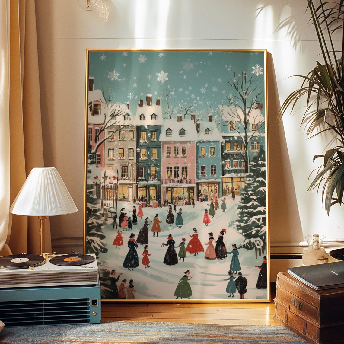 Victorian Winter Town Square Gathering in Falling Snow Poster - Image 2