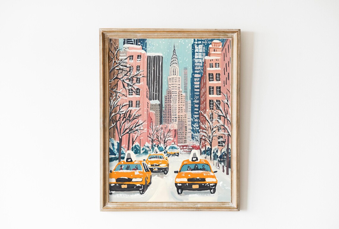 New York City Winter Avenue with Yellow Taxis in Snowfall Poster