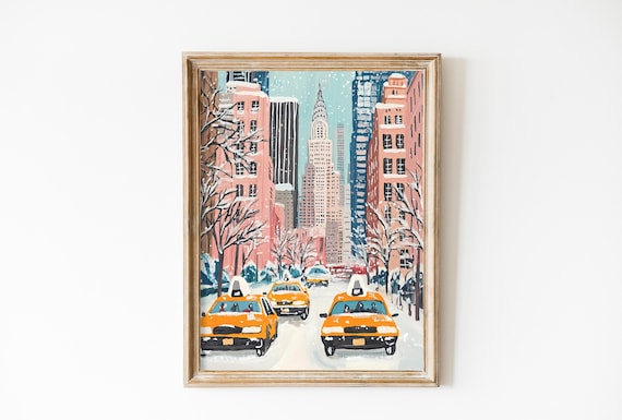 New York City Winter Avenue with Yellow Taxis in Snowfall Poster
