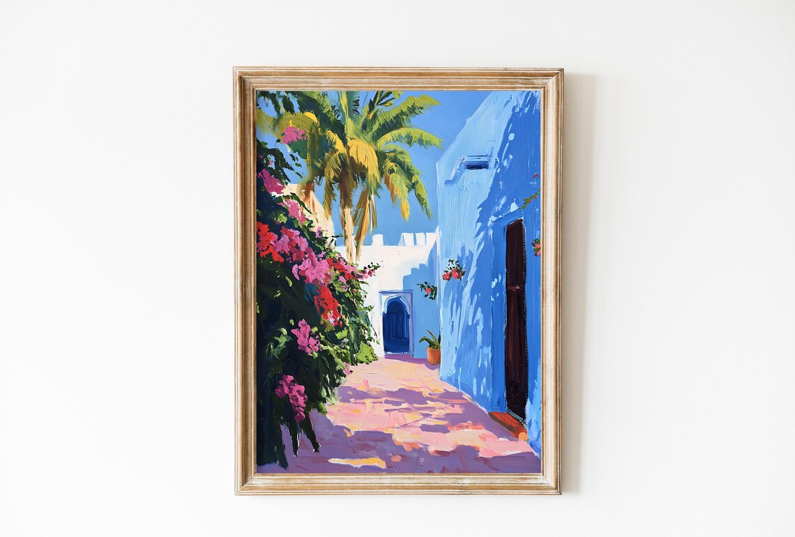 Vibrant Blue Moroccan Palm Tree Art Print