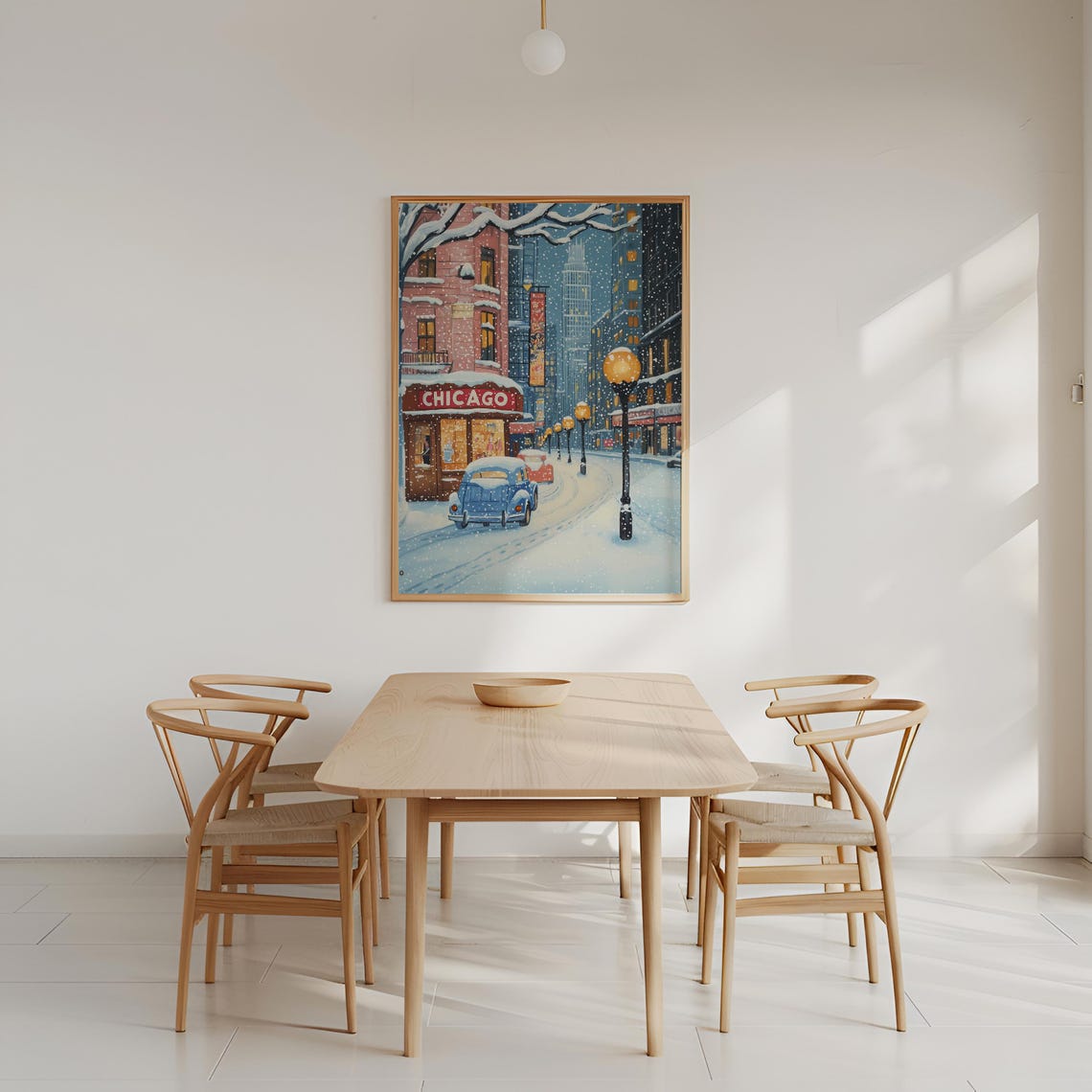 Retro Winter Chicago Poster Christmas Chicago Wall Art Vintage Oil Painting Usa Travel Poster Dorm Decor Gift Soft Pink City Landscape - Image 2