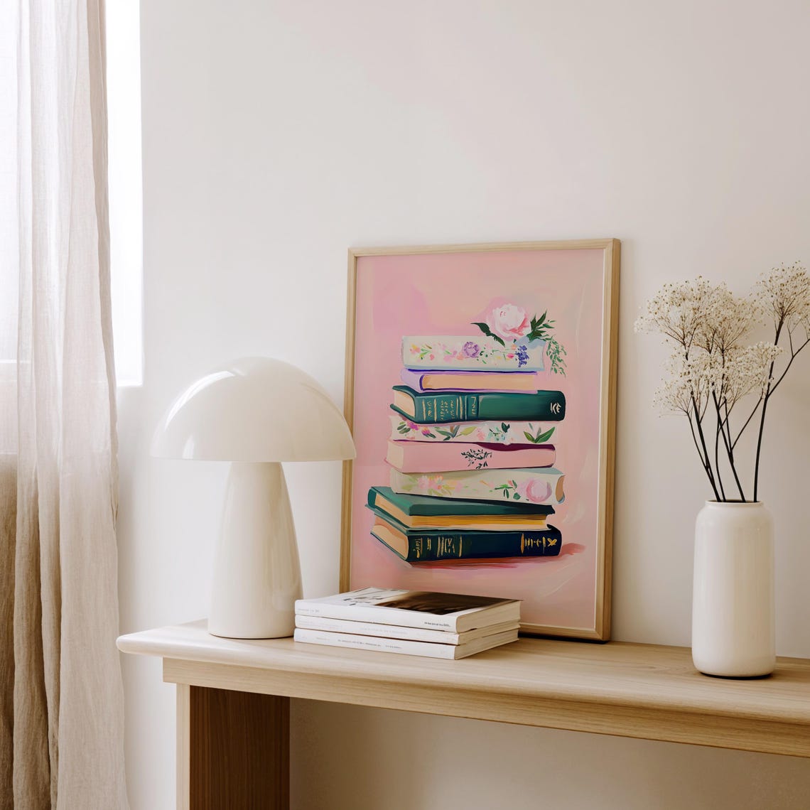 Stack of Vintage Books with Pink Roses Coquette Reading Decor Poster - Image 2