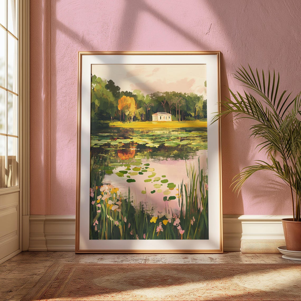 Lily Pad Marsh At Sunset With Cabin Pink Wildflowers Art Poster - Image 2