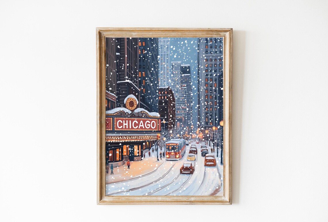 Vintage Theatre Christmas Chicago Travel Poster