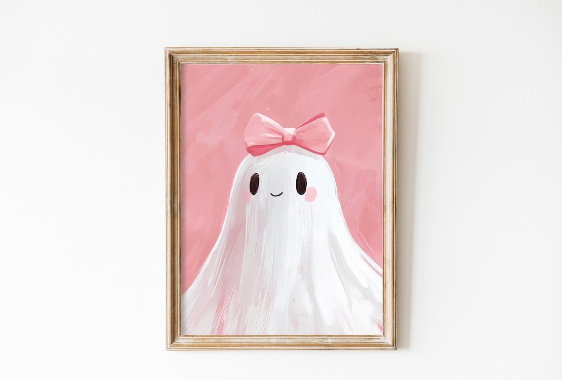 Vintage Pink Bow Ghost Art Print, Halloween Nursery