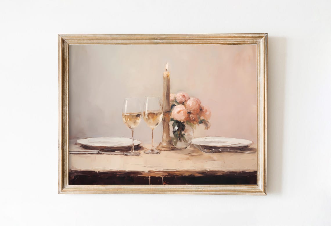 Romantic Candlelit Dinner Wine Glasses Neutral Vintage Table Art Print