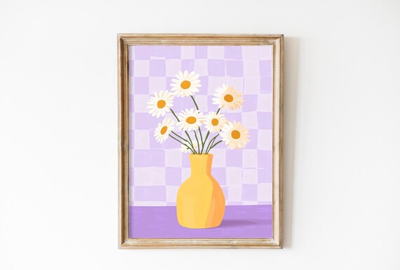 Pastel Purple Flower Vase Print Dopamine Colors Danish Pastel Decor Chamomile Botanical Art Maximalist Decor Matisse Japandi Trendy Art