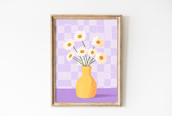 White Daisies In Yellow Vase On Purple Checkerboard Art Poster