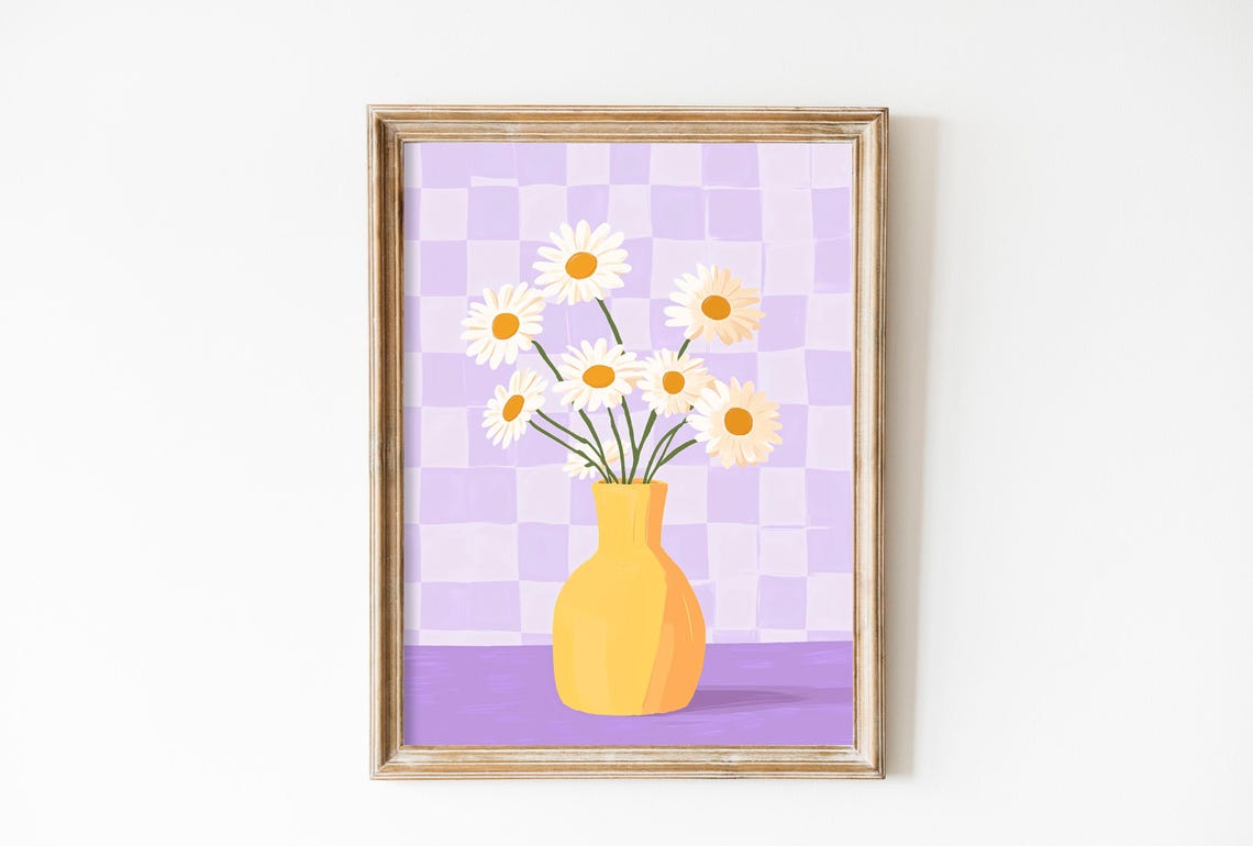White Daisies In Yellow Vase On Purple Checkerboard Art Poster