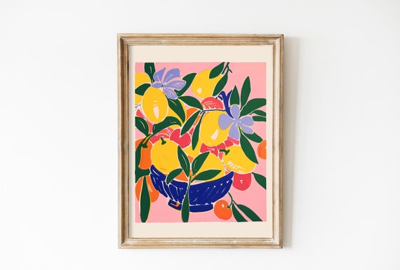Fruits Summer Bowl Poster Vivid Pink Bright Yellow Vibrant Art Gift Matisse Art Lemons Flower Painting Soft Pink Kitchen Decor Violet Art