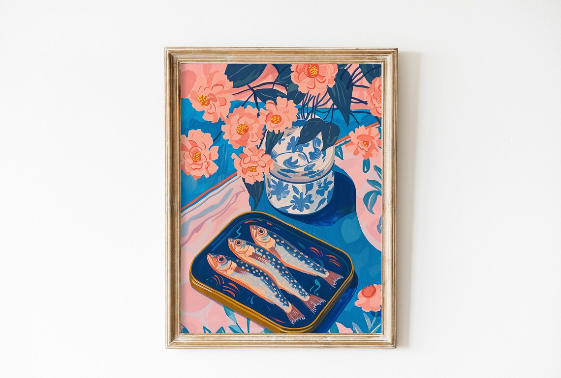 Flowers And Oil Sardines Retro Kitchen Art Print