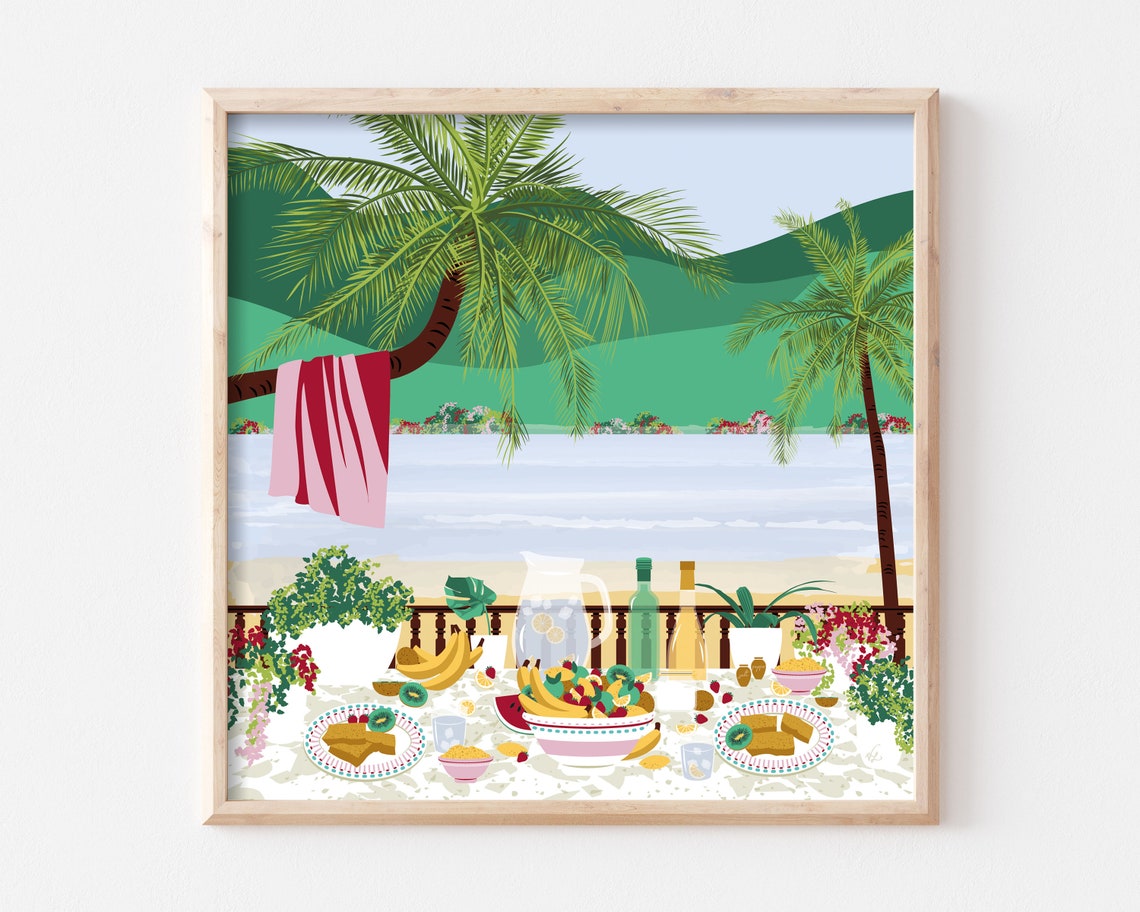 Puerto Rico Beach Breakfast Art Print, Caribbean