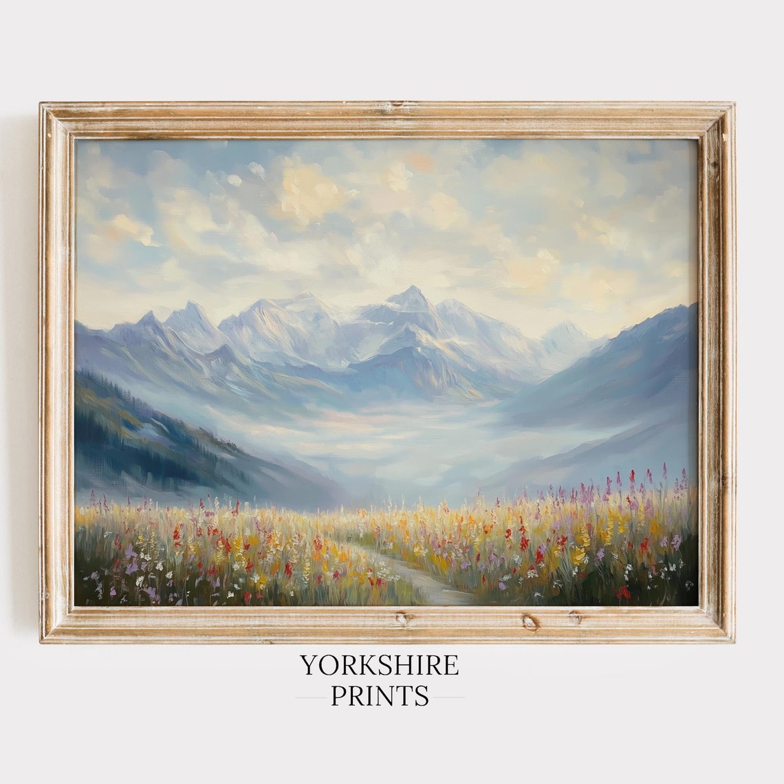 Alpine Wildflower Meadow Path Misty Mountain Peaks Spring Art Poster