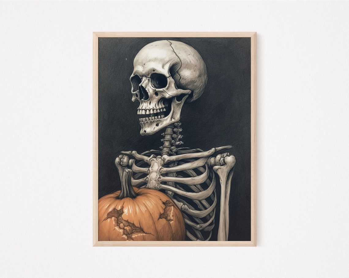 Vintage Halloween Art Skeleton Holding Pumpkin Sketch Wall Decor Fall Autumn Spooky Moody Dark Rustic Farmhouse - Image 2