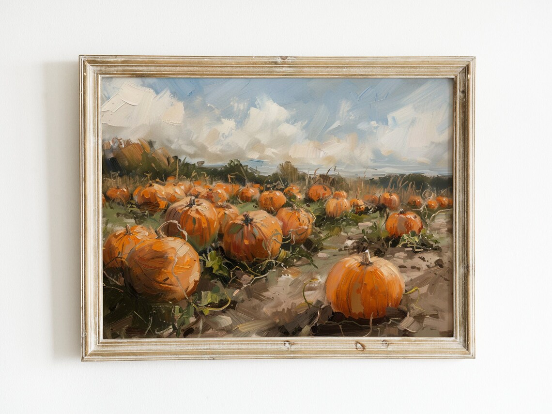Wide Pumpkin Patch Field Cloudy Sky Autumn Harvest Landscape Oil Painting Poster