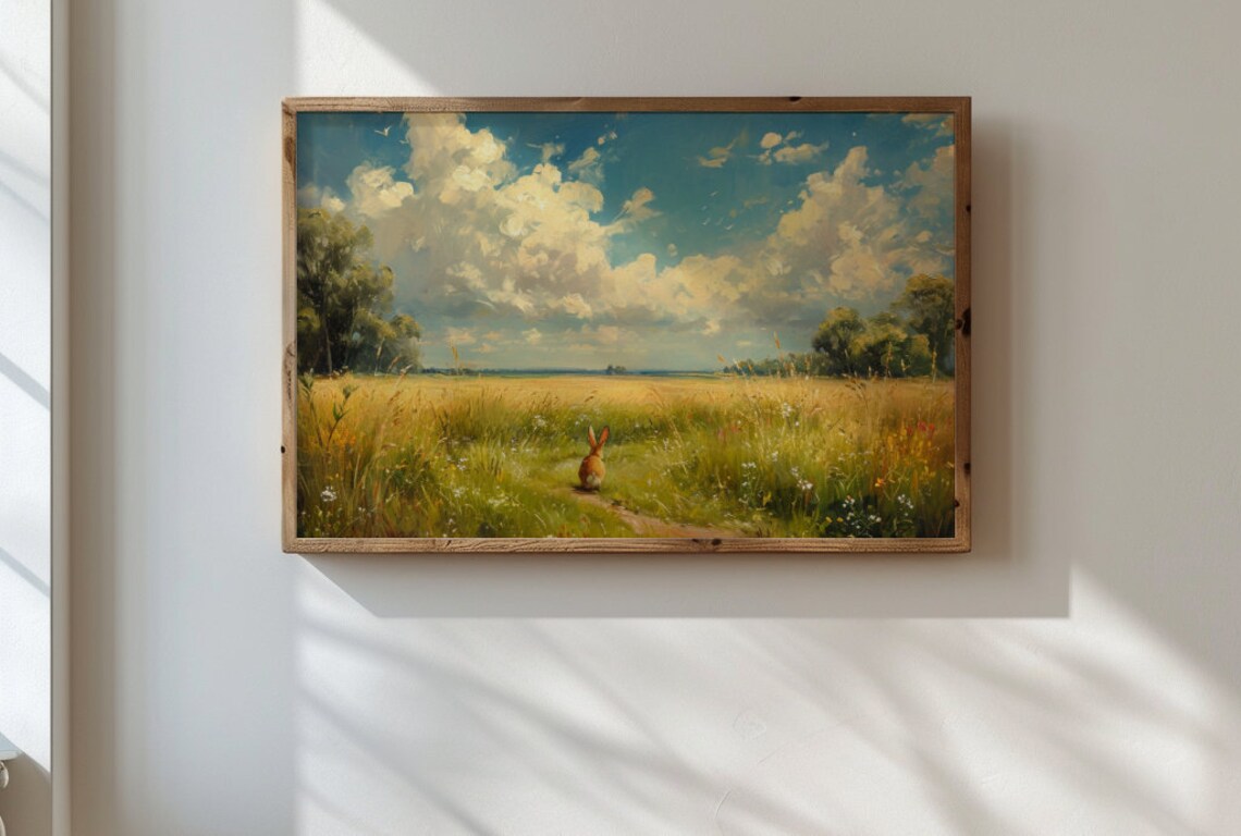 Brown Bunny In Golden Meadow Field Under Cloudy Sky Vintage Rabbit Decor Poster - Image 2