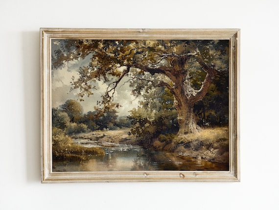 Vintage Landscape Oil Painting Oak Tree By Stream Print Muted Neutral Colors Wall Art Rustic Antique Decor