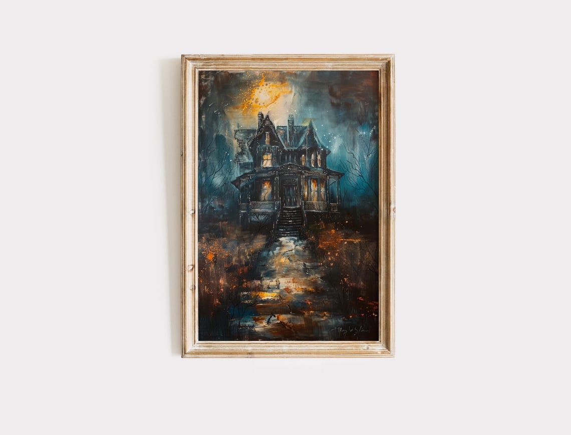 Halloween Wall Art Haunted House Painting Spooky Fall Decor Autumn Artwork Print Dark Academia Moody Decoration - Image 2
