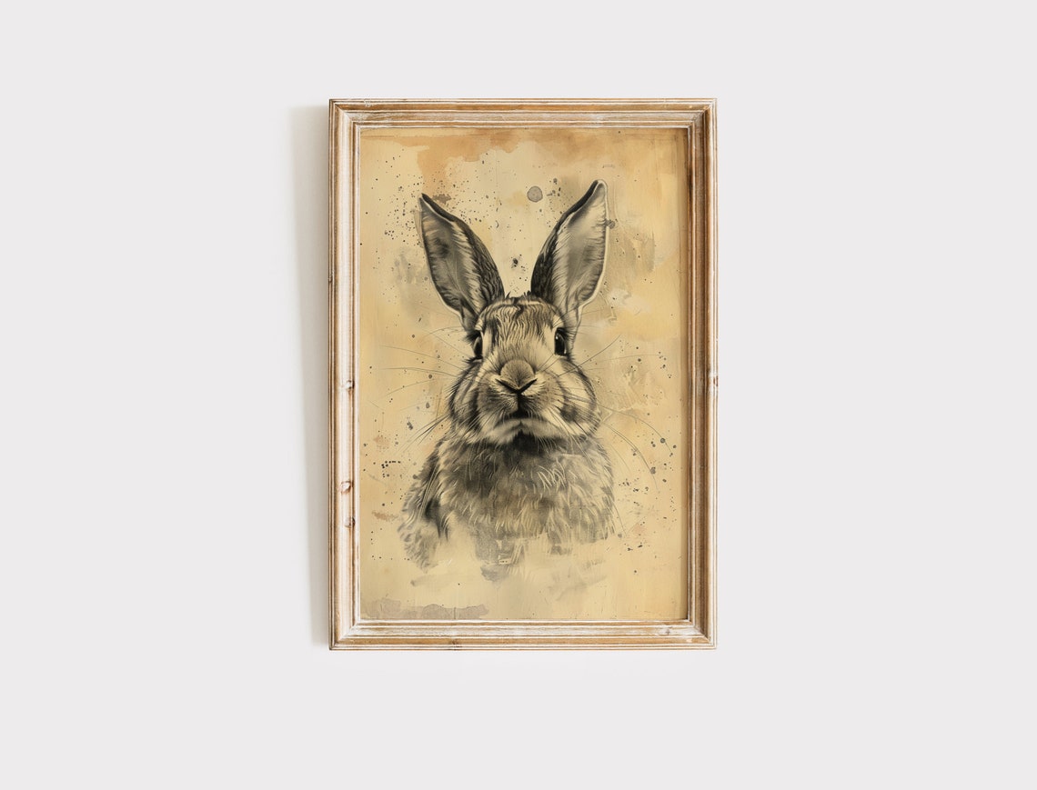 Front Facing Rabbit Portrait Ink Splatter Sepia Bunny Art Print - Image 2