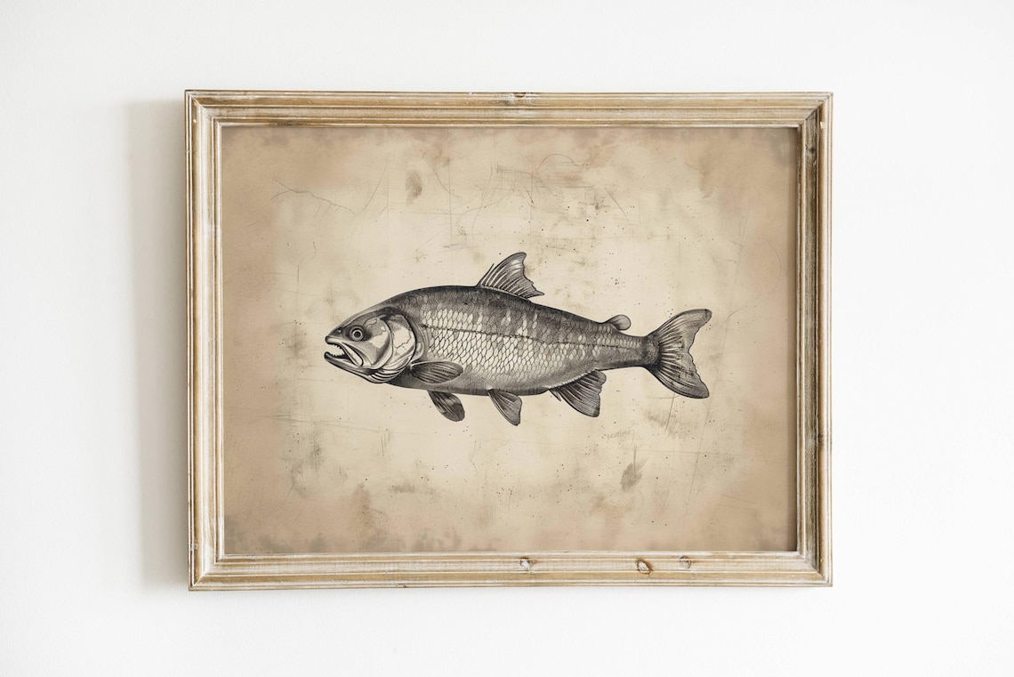 Trout Vintage Engraving Style Fish Sketch Fishing Cabin Art Print