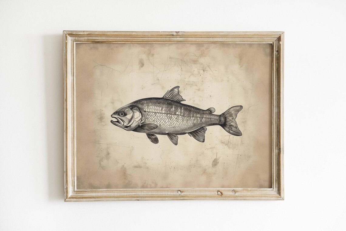 Vintage Trout Sketch Fishing Wall Art Fish Decor Lakehouse Print Boys Room Hunting Nursery Rustic Artwork