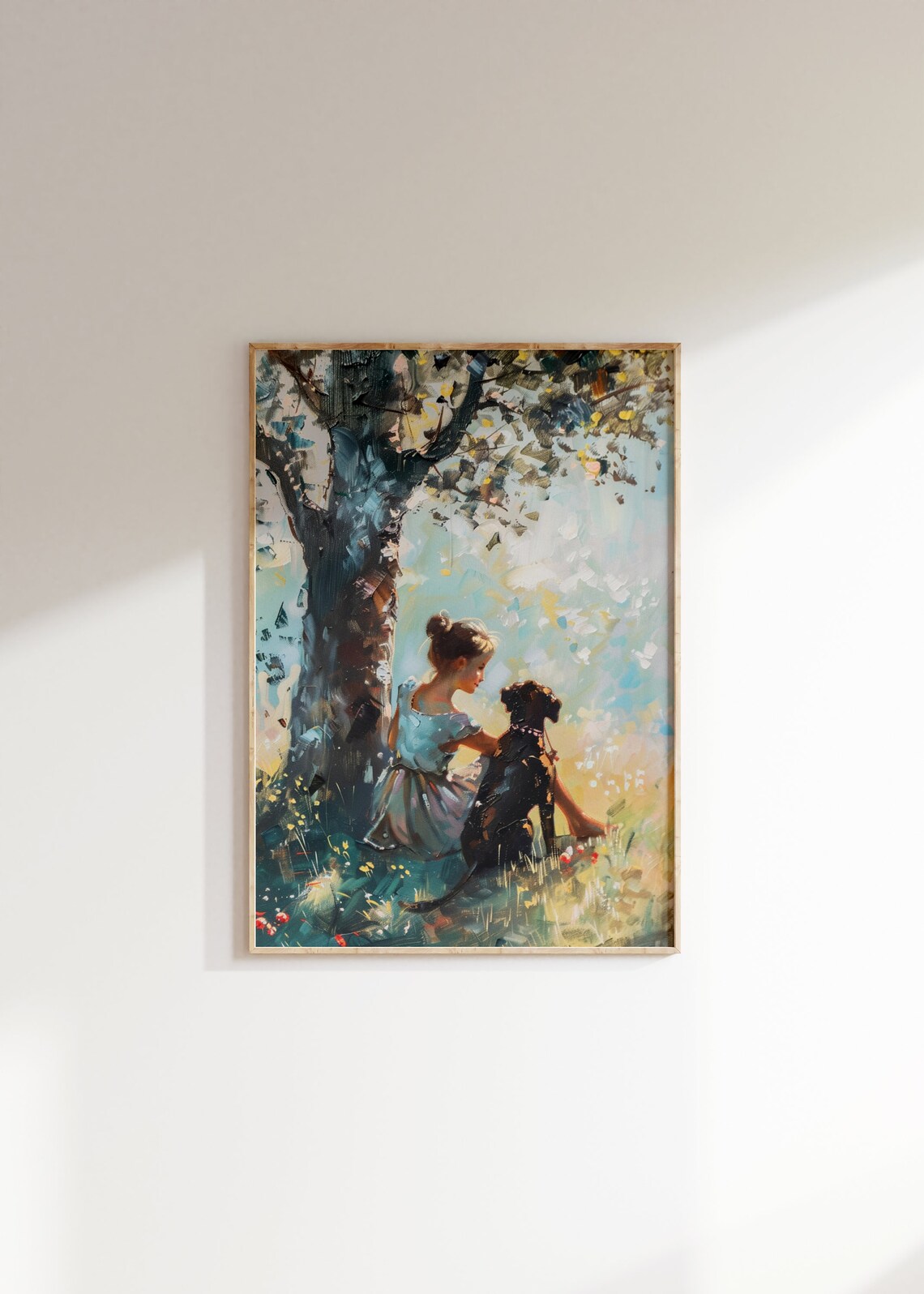 Girl and Dog Under Tree, Vintage Oil Painting Art Print - Image 2