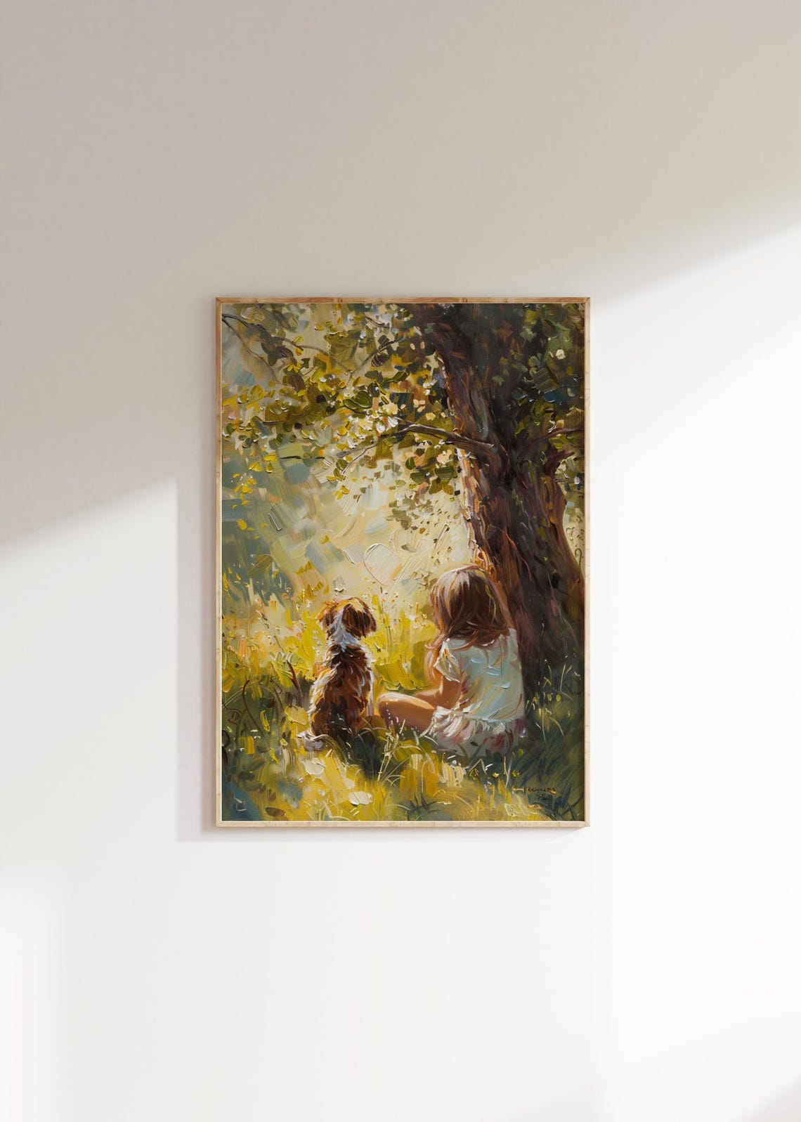 Vintage Girls Room Art Oil Painting Girl And Dog Under Tree Girl Nursery Artwork Wall Decor Artful Art - Image 2