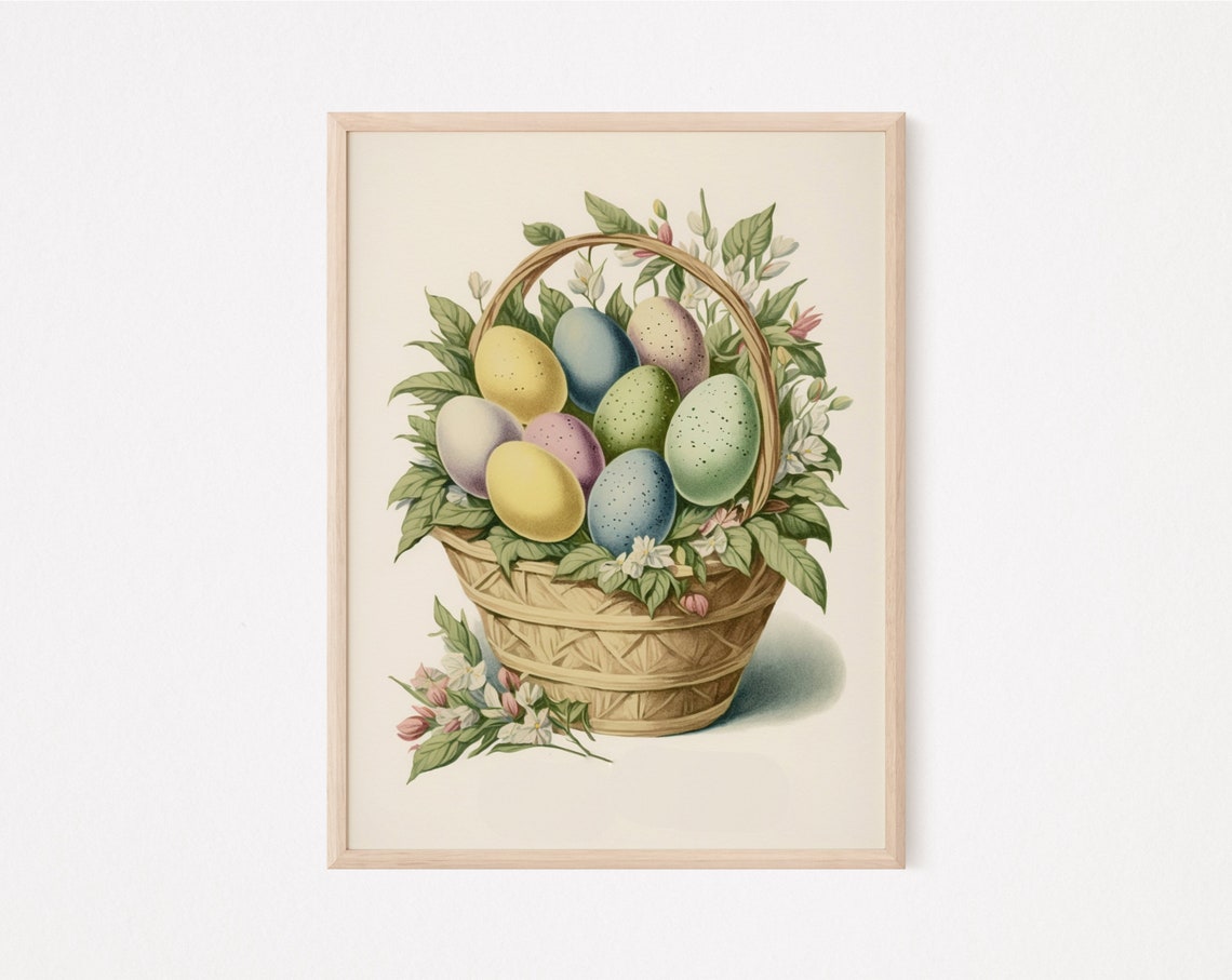 Vintage Easter Egg Basket Pastel Eggs Spring Botanical Wall Art Poster - Image 2
