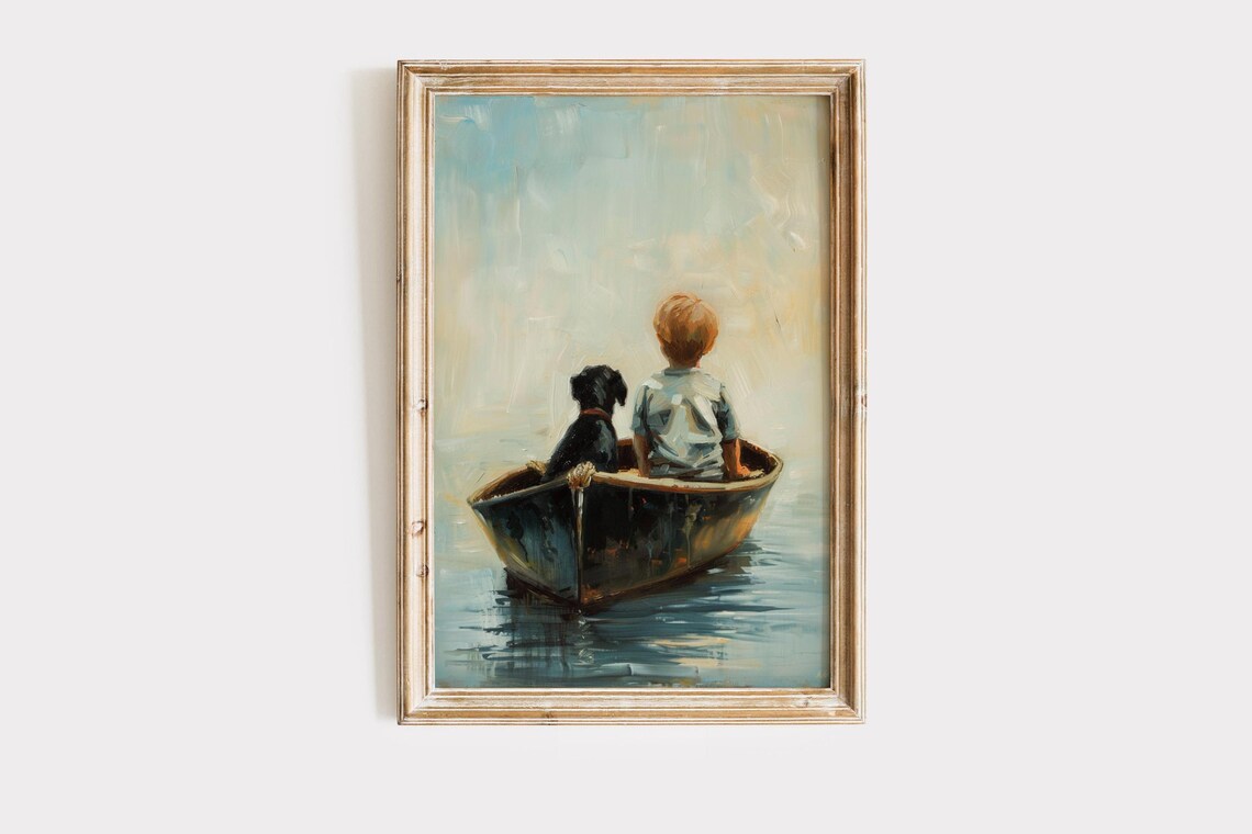 Vintage Boy and Dog on Boat Nursery Art Print