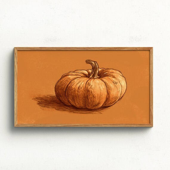 Minimalist Pumpkin Sketch Orange Background Fall Autumn Wall Art Poster