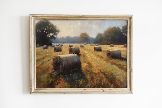 Hay Bales Vintage Oil Painting Art Print, Rustic Farm