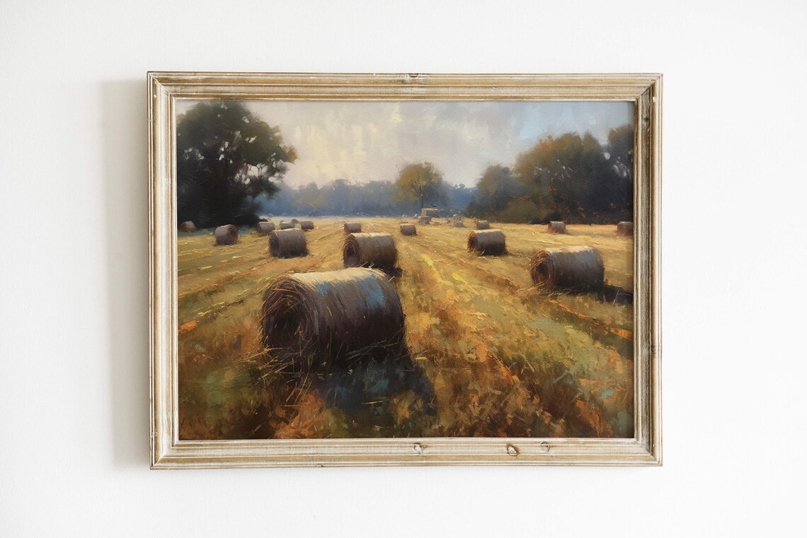 Hay Bales Vintage Oil Painting Art Print, Rustic Farm