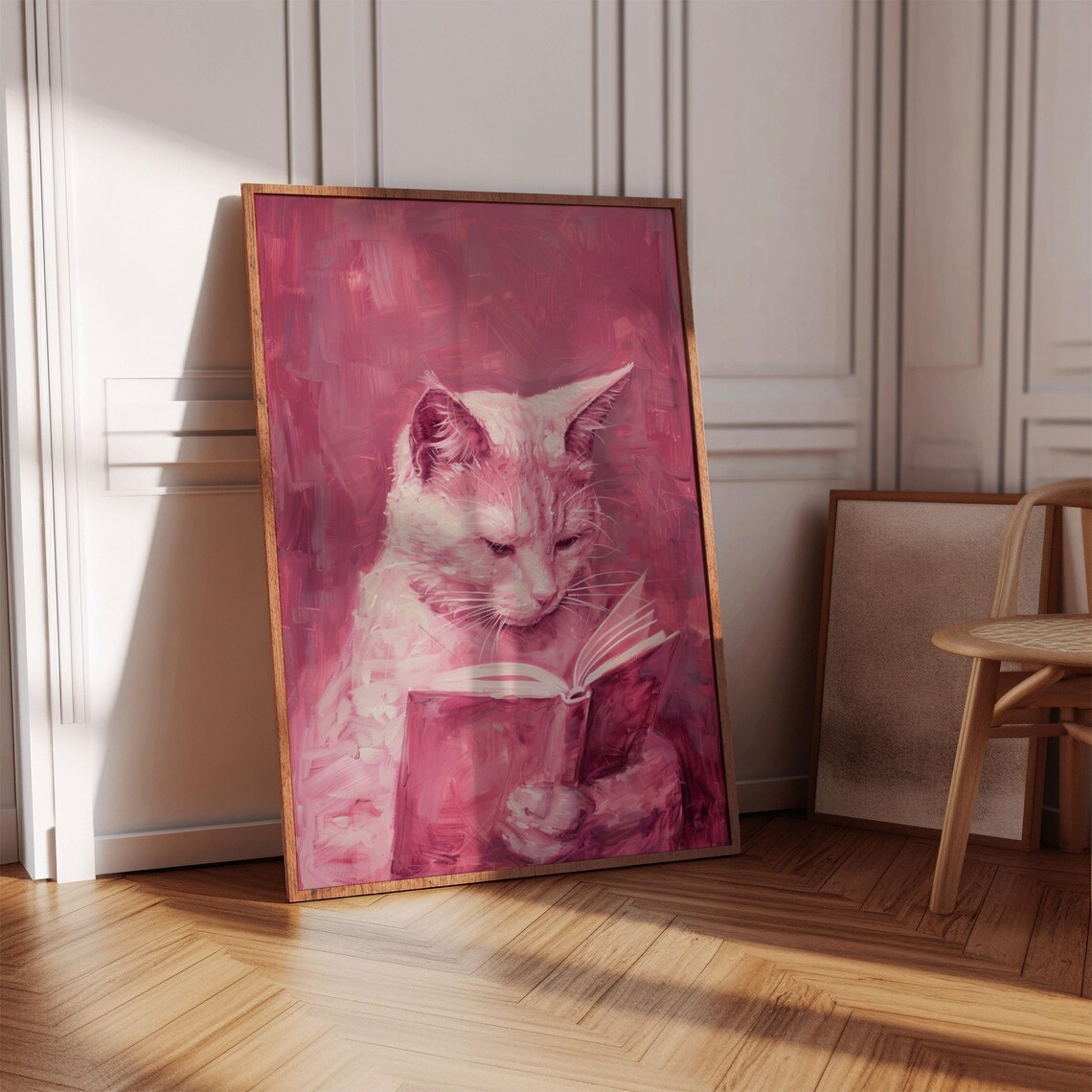 White Cat Reading Open Book Monochrome Pink Painting Cute Book Lover Poster - Image 2