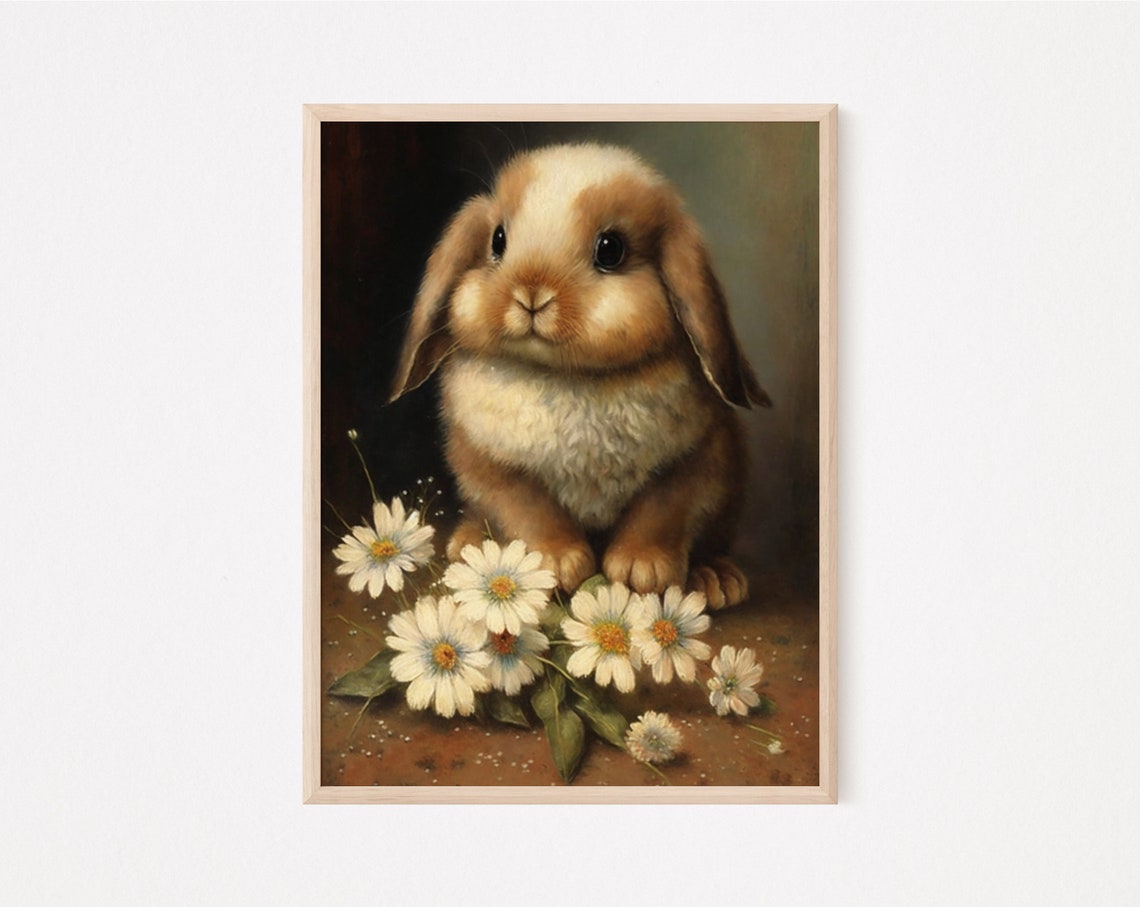 Lop Eared Bunny Rabbit With White Daisies Cute Spring Wall Art Poster - Image 2