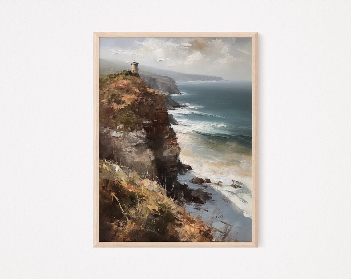 Ocean Cliff Lighthouse Seascape Moody Waves Vintage Coastal Art Poster - Image 2