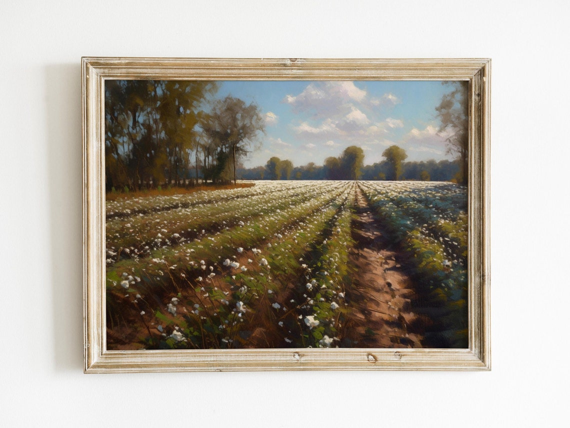 Cotton Field Painting Vintage Oil Painting Wall Art Rustic Farm Country Antique