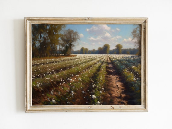 Cotton Field Painting Vintage Oil Painting Wall Art Rustic Farm Country Antique