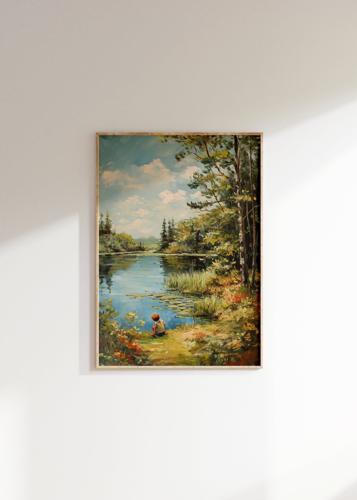 Boy By Pond Vintage Nursery Landscape Art Print - Image 2