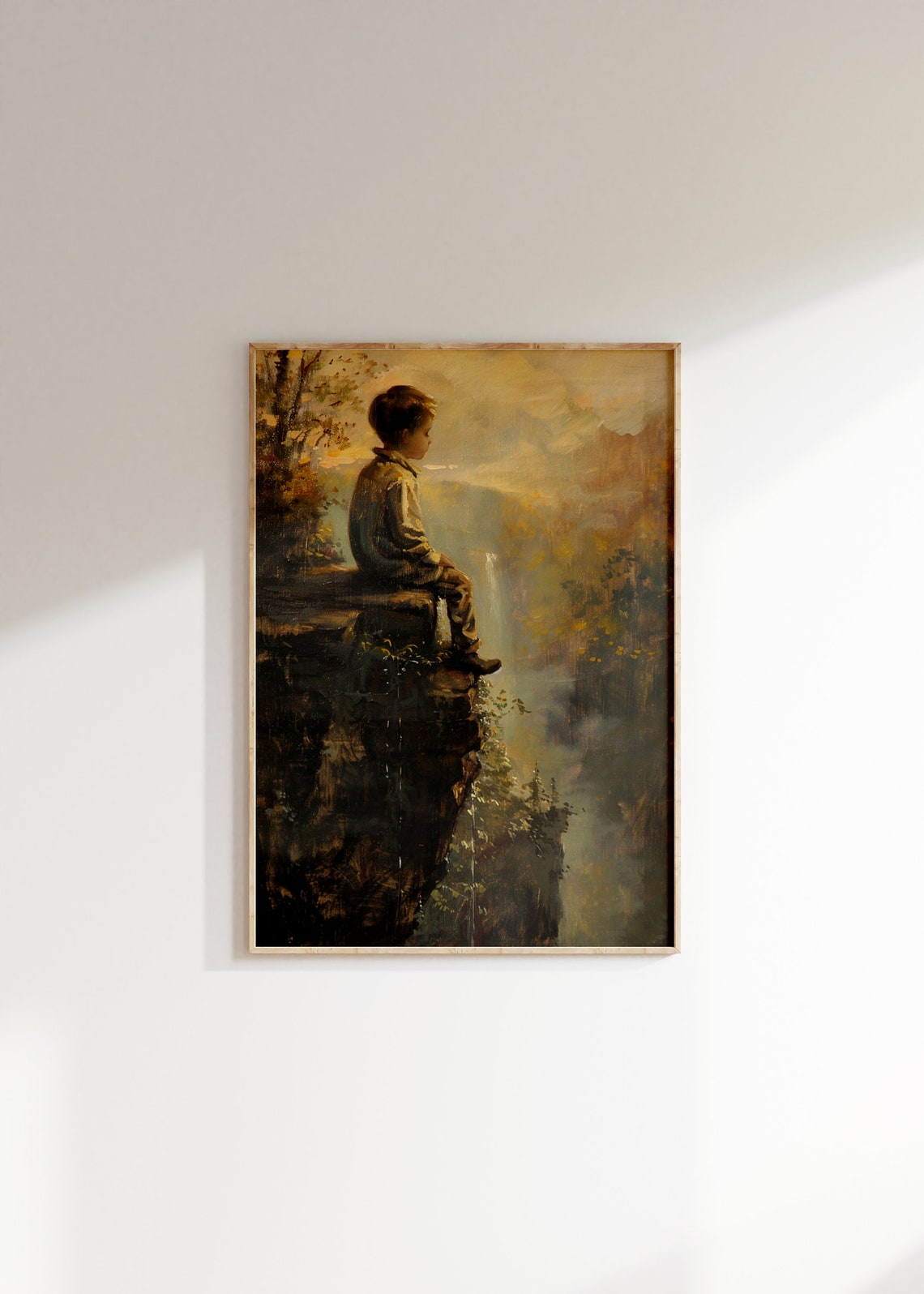 Boy Sitting Cliff Ledge Waterfall Misty Valley Vintage Art Poster - Image 2