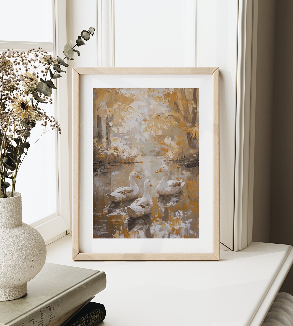Three White Ducks Golden Autumn Pond Impasto Wildlife Painting Poster - Image 2