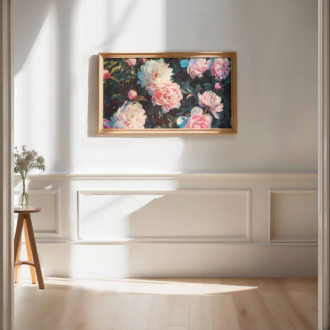 Blush Pink Peonies Bloom Dark Moody Floral Oil Painting Garden Poster - Image 2