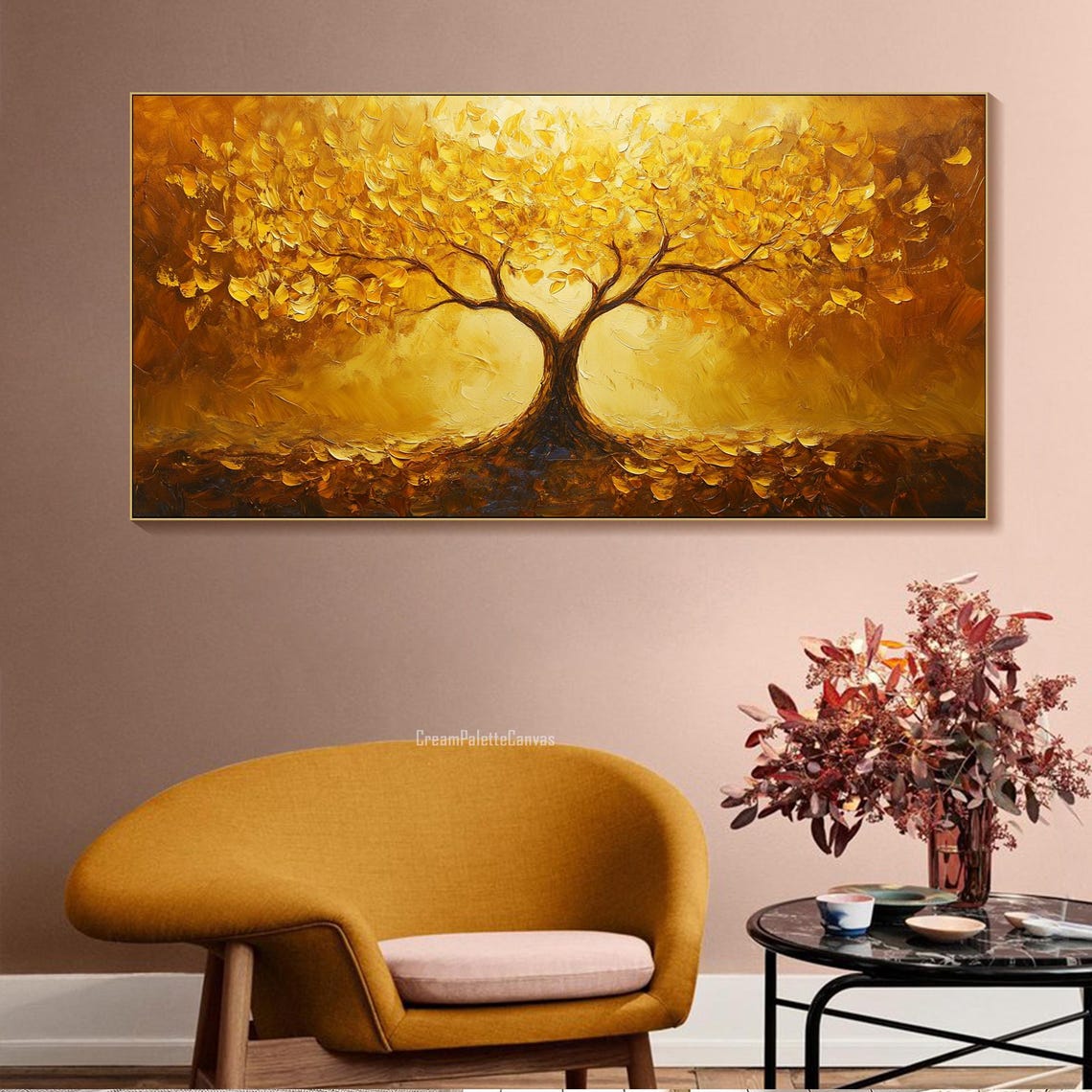 Golden Tree Of Life Oil Painting 3d Vibrant Yellow Textured Abstract Art Nature Wall Art Elegant Landscape Painting Living Room Decor - Image 3