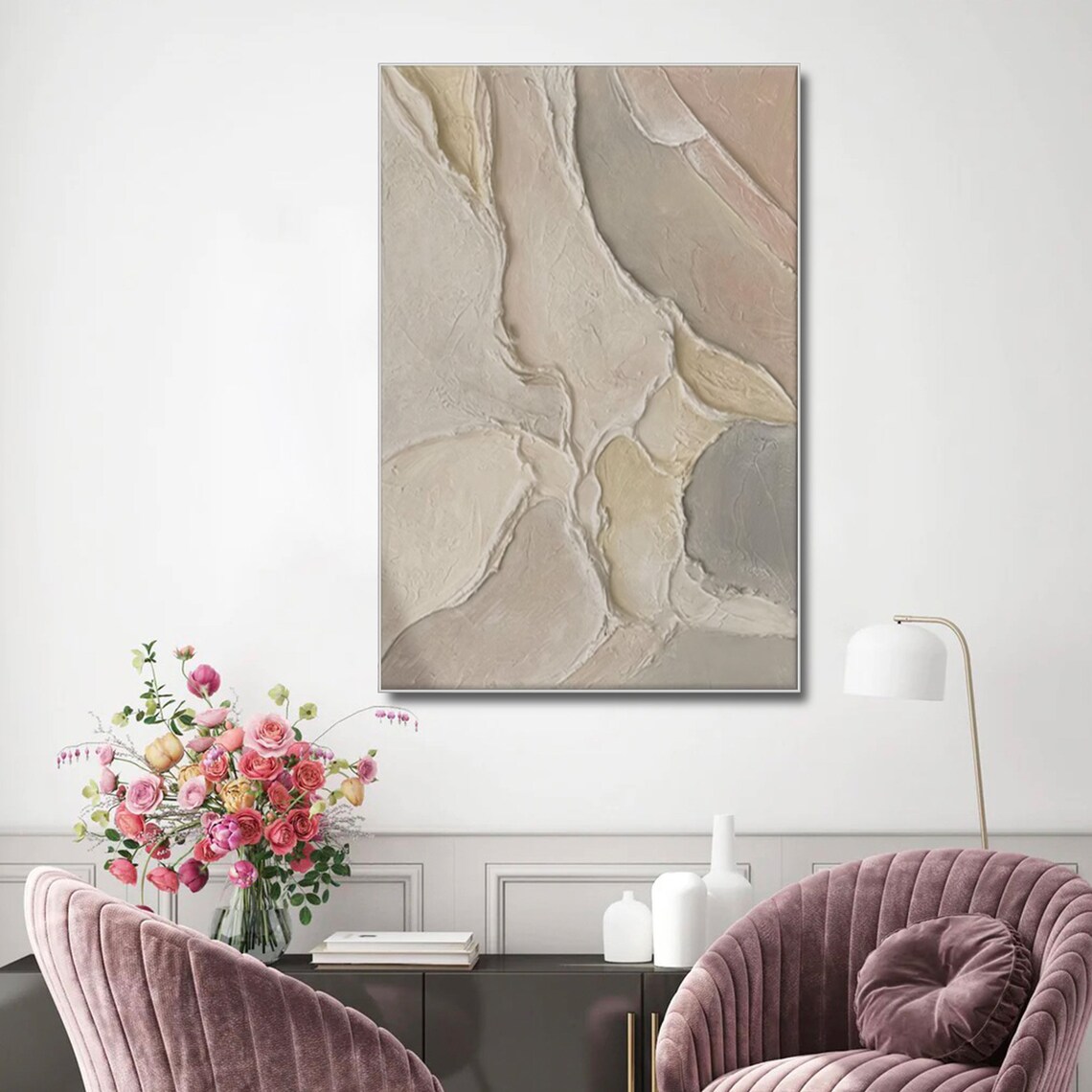 Beige Wabi Sabi Sculptural 3D Textured Abstract Oil Painting Wall Art - Image 2