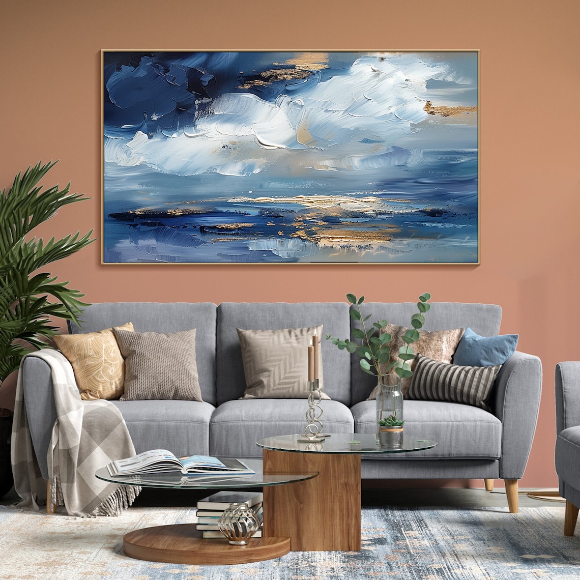 Abstract Ocean Wave Oil Painting, Blue Sea Scenery - Image 2