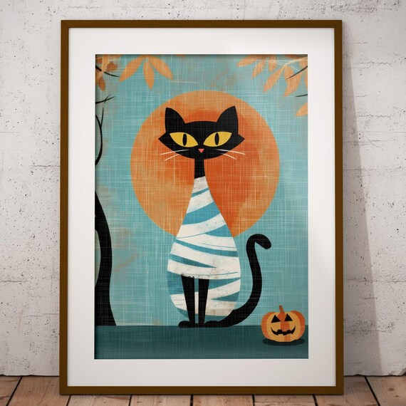 Atomic Mummy Cat Retro Halloween Midcentury Black Cat Pumpkin Poster