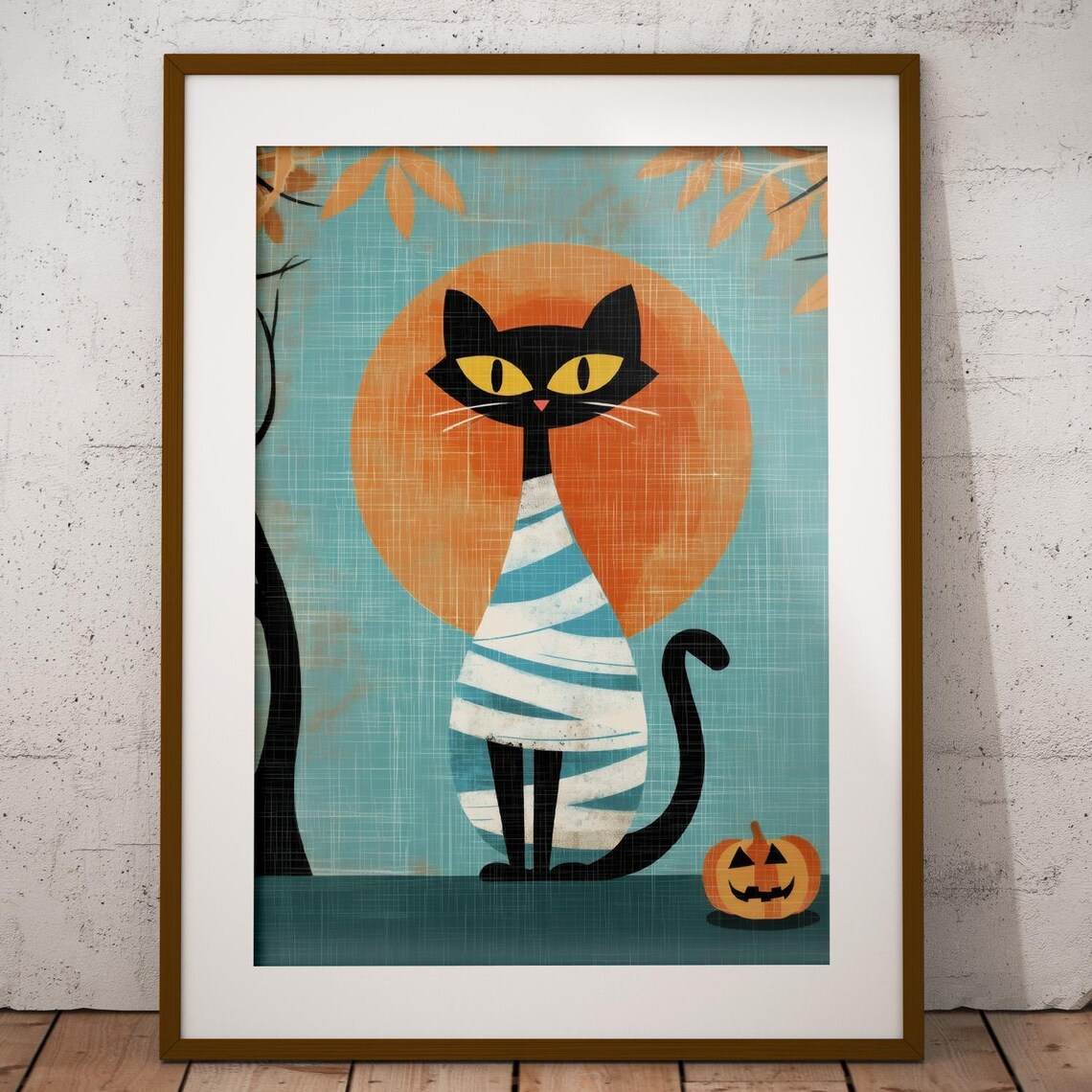 Atomic Mummy Cat Retro Halloween Midcentury Black Cat Pumpkin Poster
